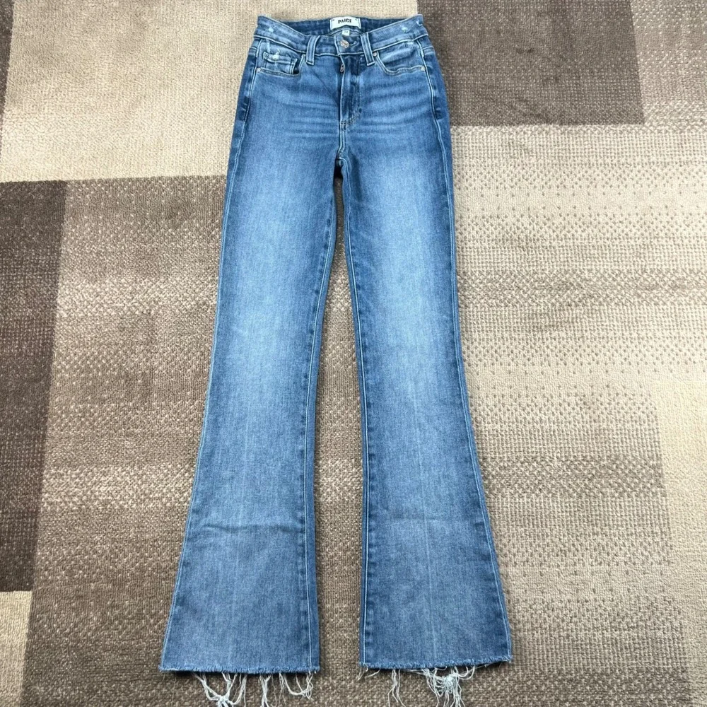 Paige Laurel Canyon High Rise Flare Jeans Blue Raw Hem Size 24 Womens Distressed